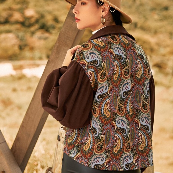 brown paisley print pocket wide sleeve jacket coa - Picture 5 of 6